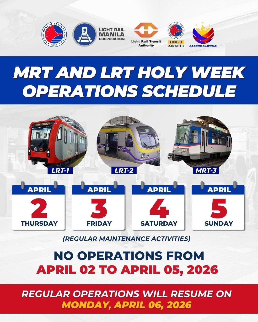 Holy Week 2026 operating schedule for LRT-1, LRT-2, MRT-3